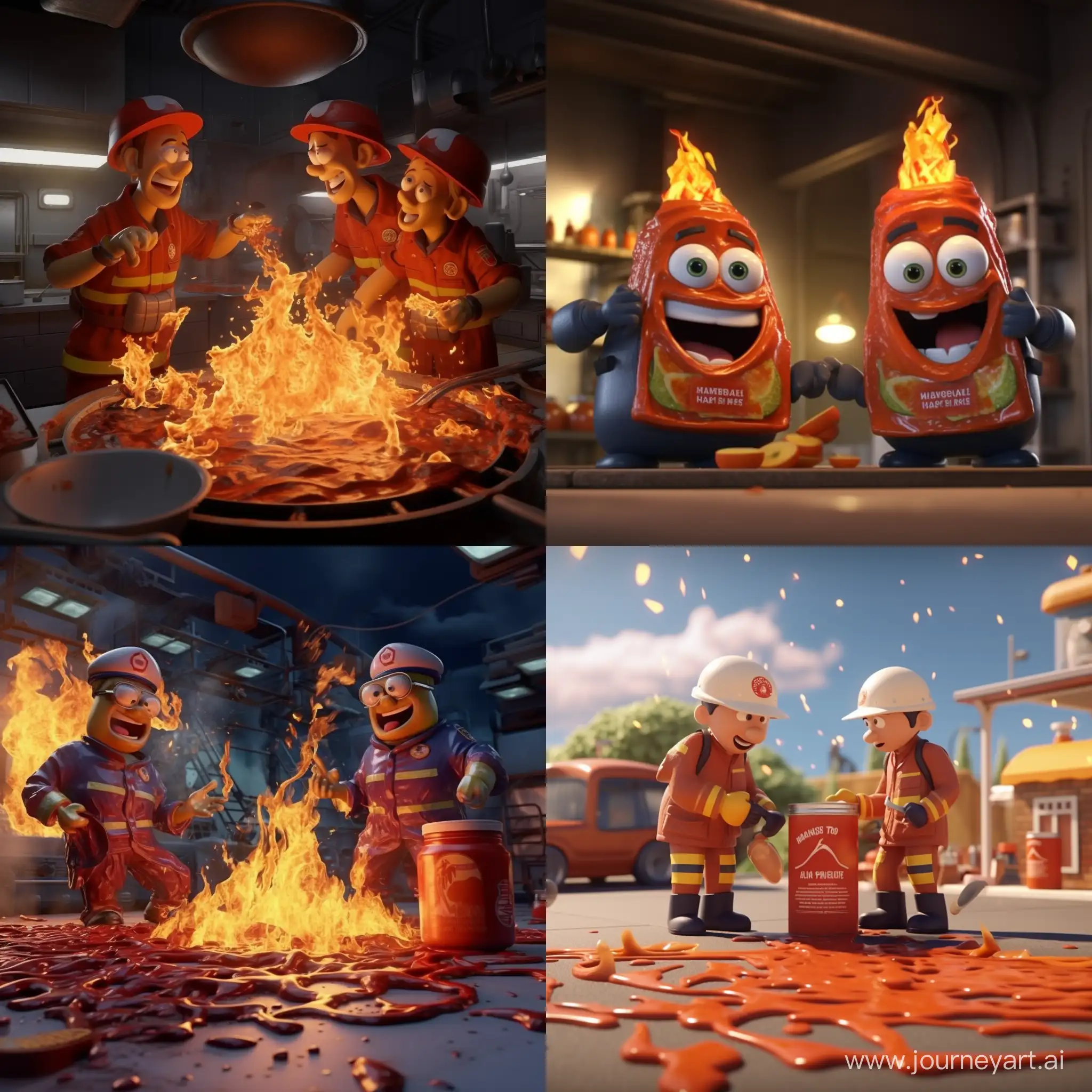 Firefighters put out the fire with ketchup. 3D animation 