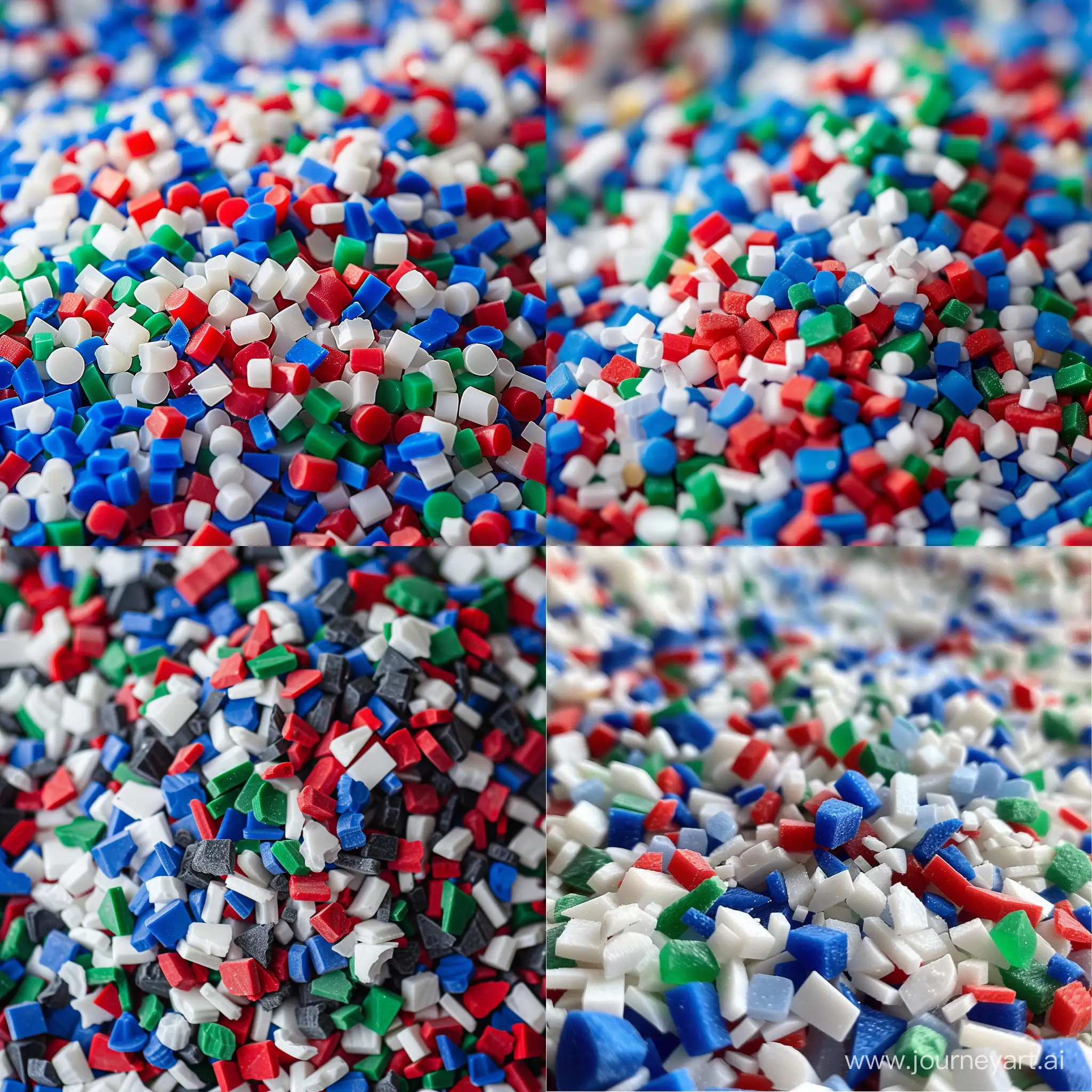 pile of plastic granules, white, blue, red, green