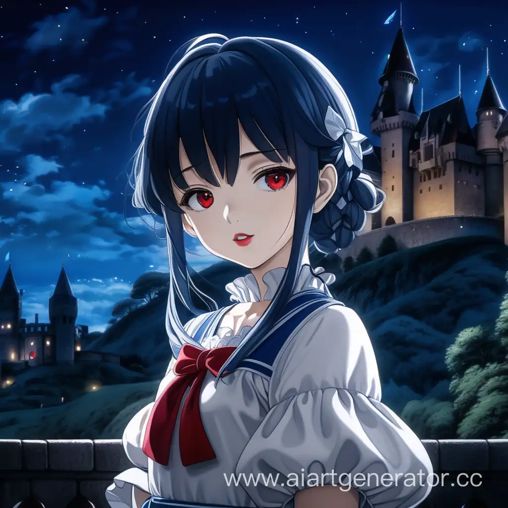 Adorable-Anime-Girl-with-Red-Lips-in-Blue-Dress-in-Front-of-Castle
