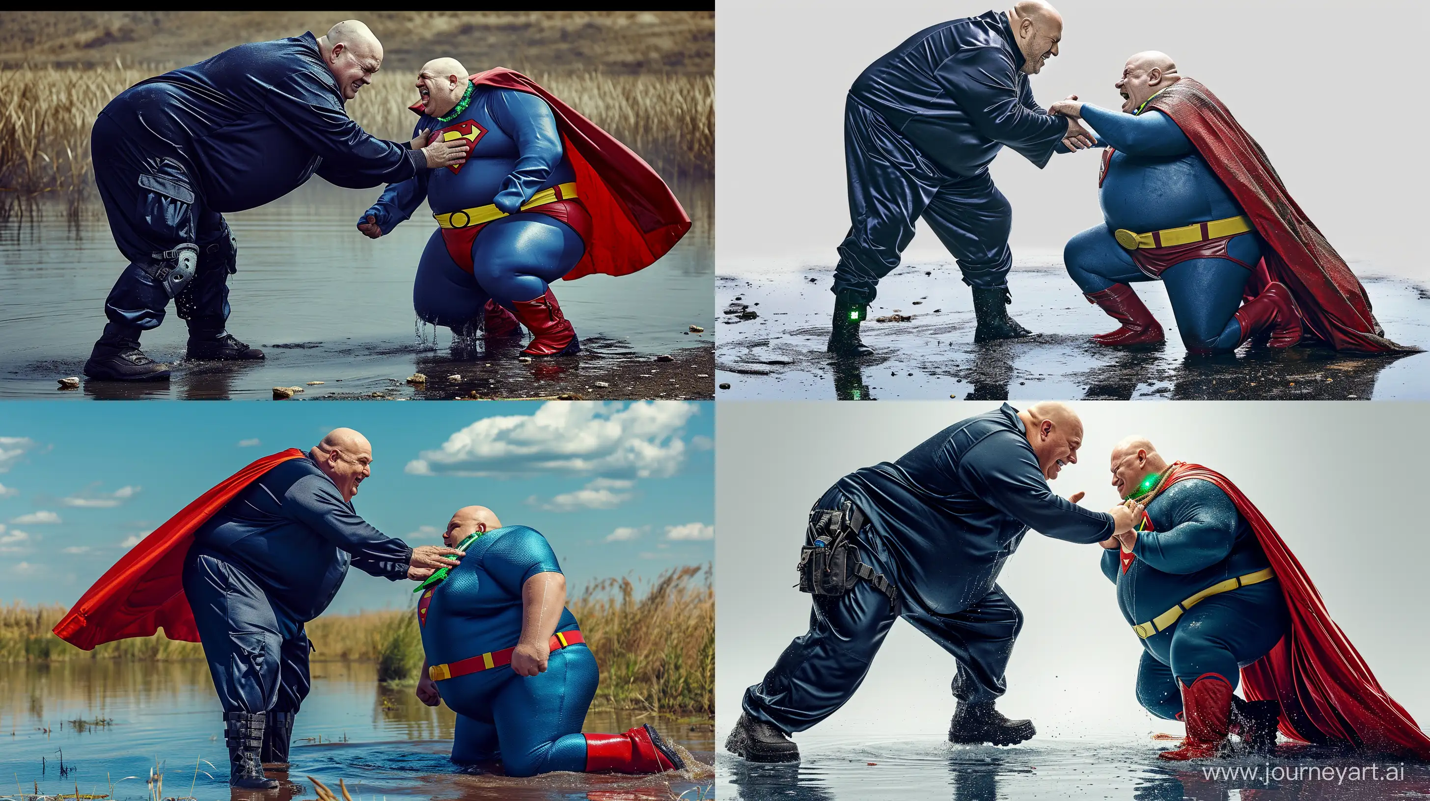 Photo of a smiling tall chubby man aged 70 wearing a silky navy tracksuit and black tactical boots, bending over with one hand touching the neck of another angry chubby big man aged 70 kneeling in water who is wearing a silky blue superman costume with a large red cape, red boots, blue shirt, blue pants, yellow belt, red trunks, green glowing small short dog collar around his neck. Outside. Bald. Clean Shaven. --style raw --ar 16:9 --v 6