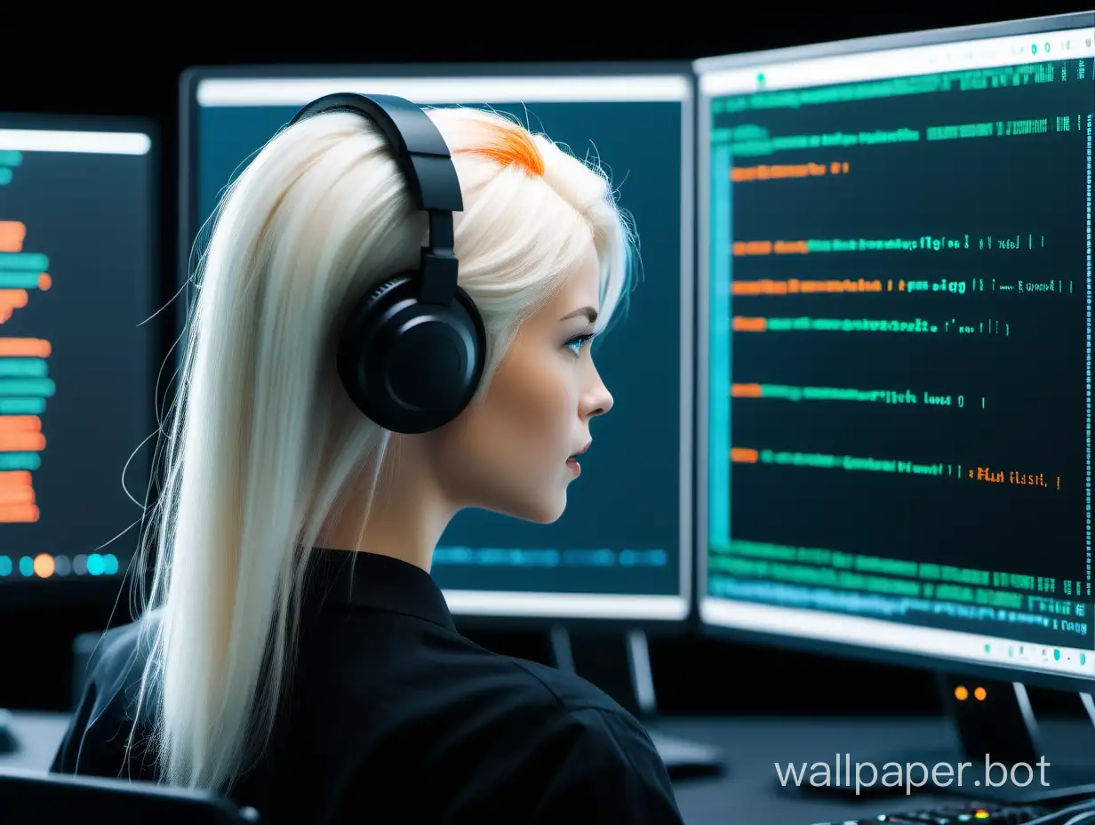 AI voice assistant, in the frame a female programmer with platinum blonde hair from the back, microphone, code on the screen, monitor not big, colors black, green, blue, orange