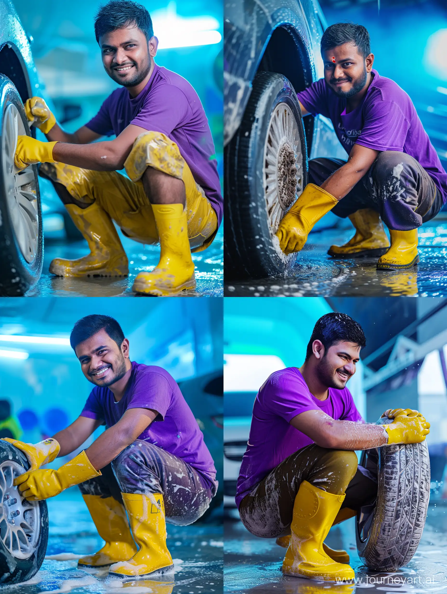 Ultra realistic, close up, a Bangladeshi worker is squatting and polishing a car tire. cheerful and smiling face. wearing a purple t-shirt and yellow safety boots. background at the carwash. there is a blue light behind.. canon eos-id x mark iii dslr --v 6.0