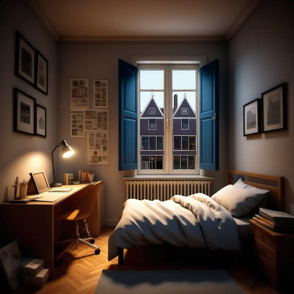 look for a immage cartoon, Aram resides in Amsterdam. His home base is a townhouse where he has a  bedroom with a 1 person bed, wardrobe, desk, and a fewone, illuminated by a simple lamp. The room features small windows.