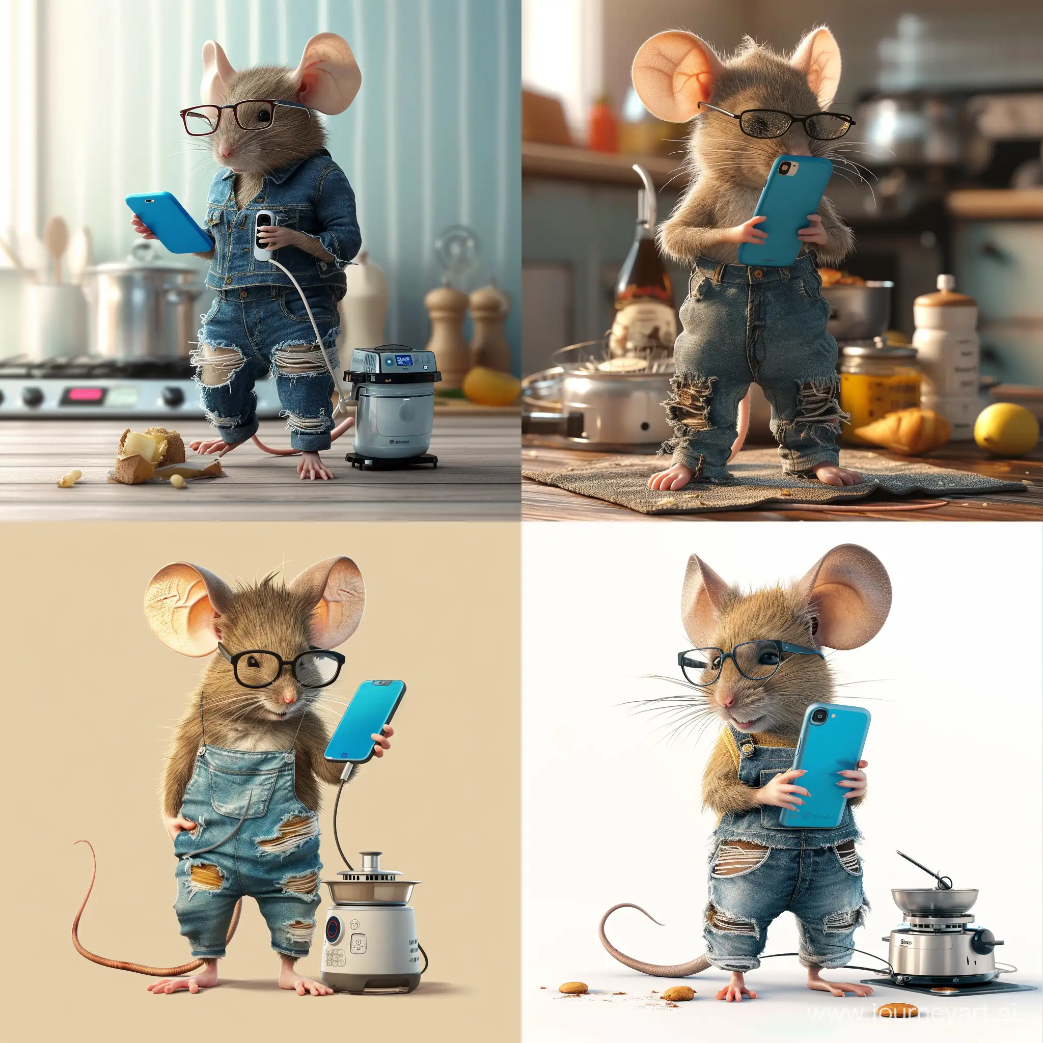 Hipster-Mouse-in-Ripped-Jeans-Using-Thermomix-with-Blue-Phone