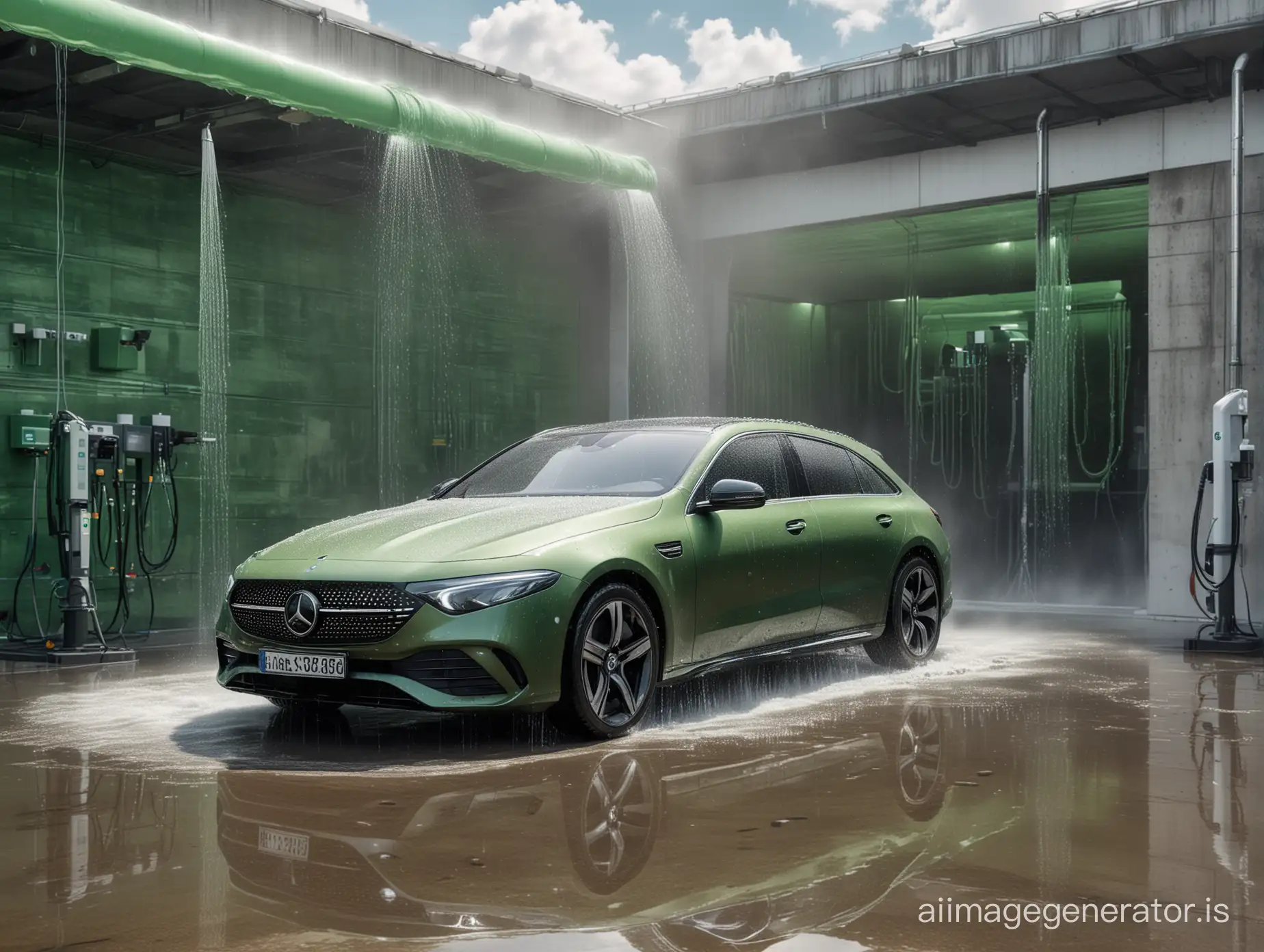 mercedes-benz EQE vehicle centrally positioned in a car wash with many brushes and water pipes and splashing water, olive/ green color theme, with a futuristic skyline in the back, inspired by videogames, digital glowing future design in general, bright and sunny weather and modern background