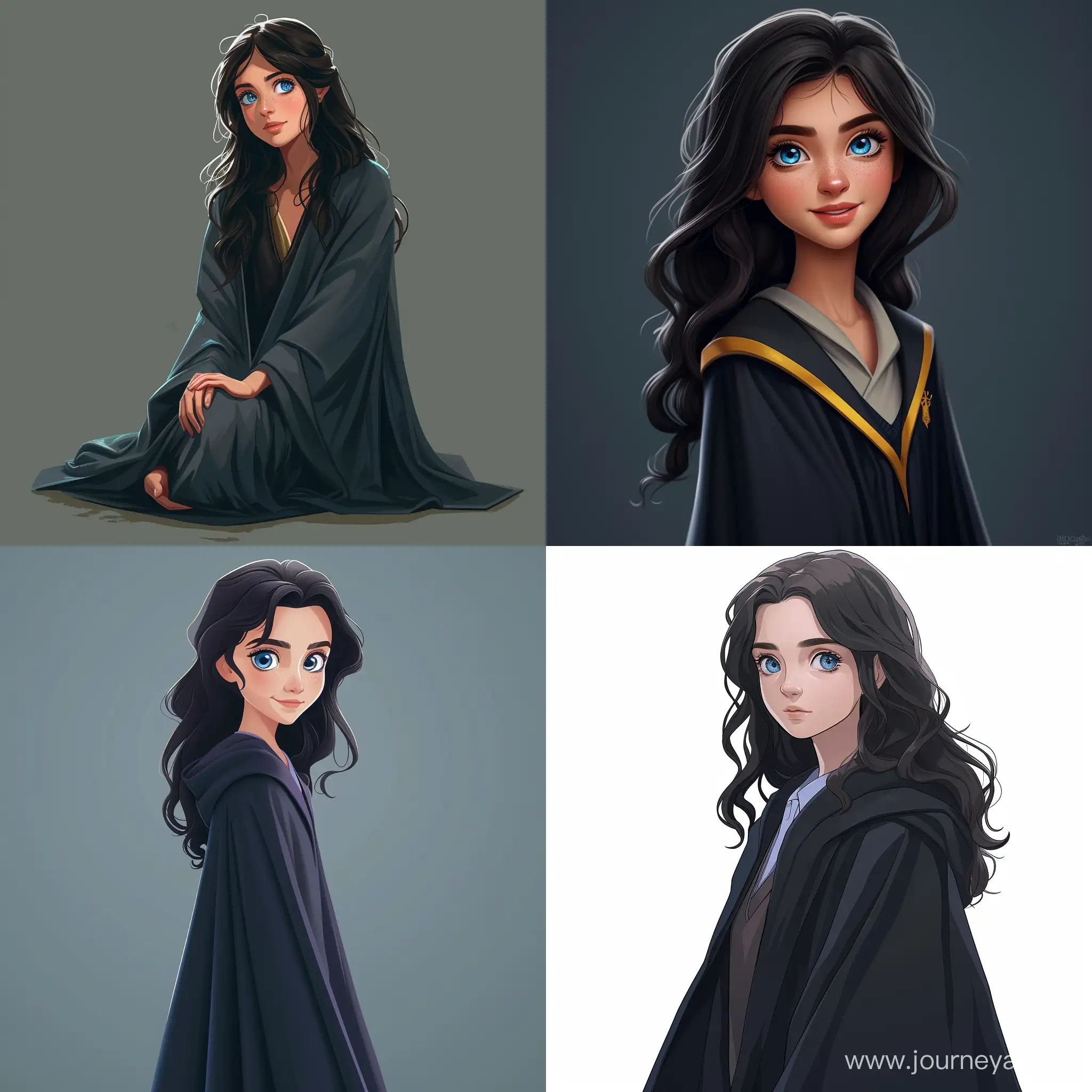 Beautiful girl, dark hair, blue eyes, white skin, teenager, 15 years old, Hogwarts student, Ravenclaw faculty, long robe, full length, high quality, high detail, cartoon art