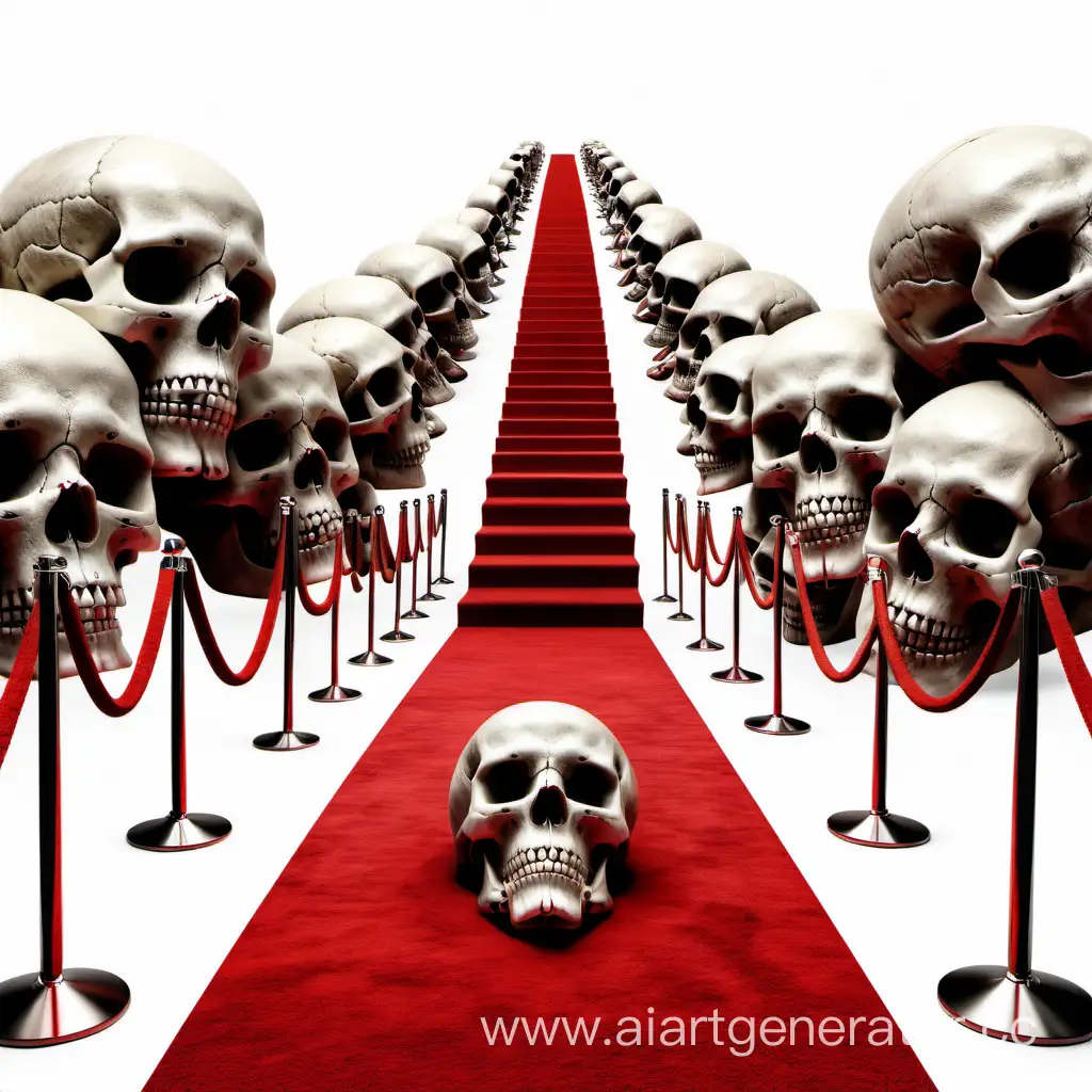 red carpet path to hell, made of skull. white background.