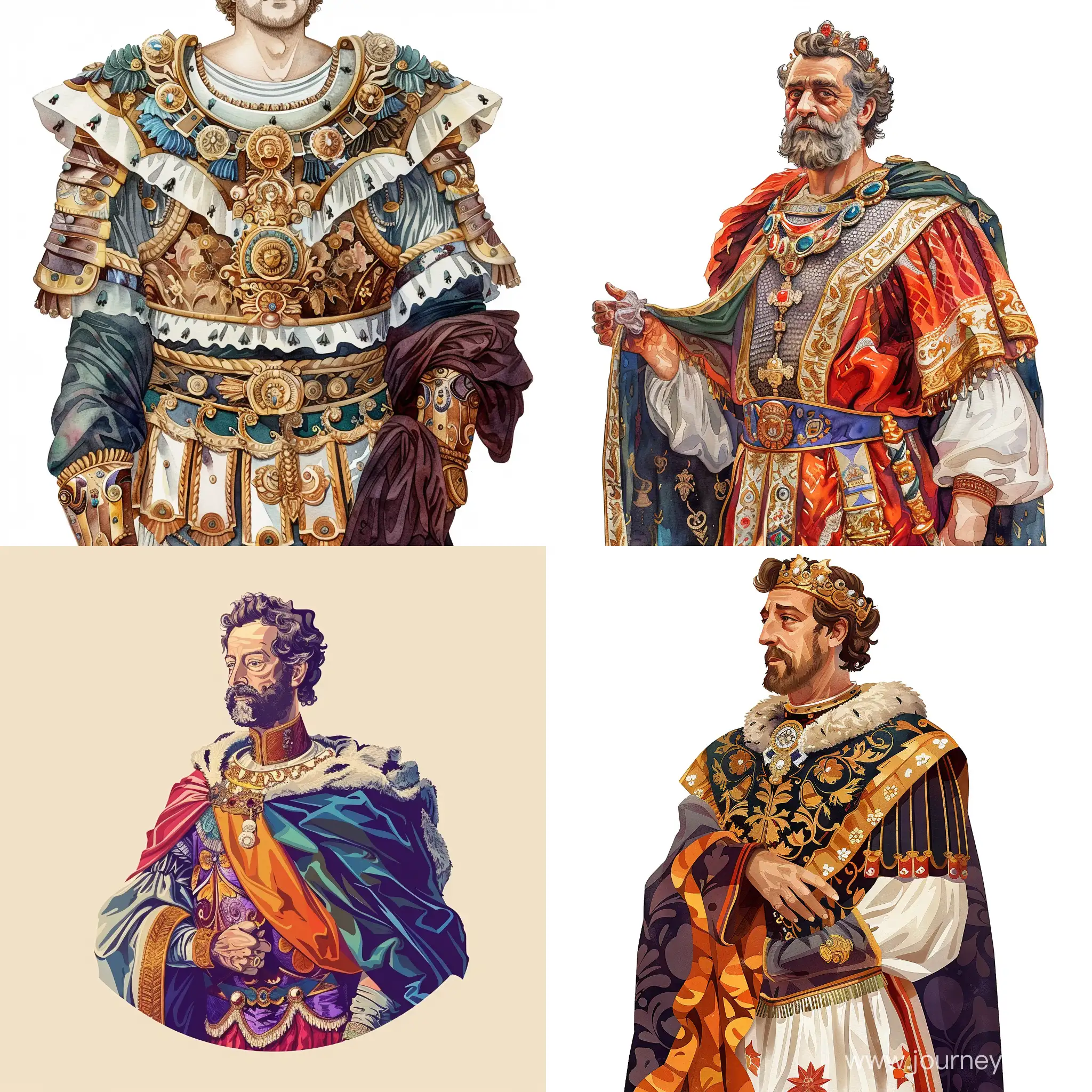 ornamental waist portrait of the ancient King of Italy, in rich clothes, watercolor style, detailed, decorative, flat illustration, Victor Ngai style