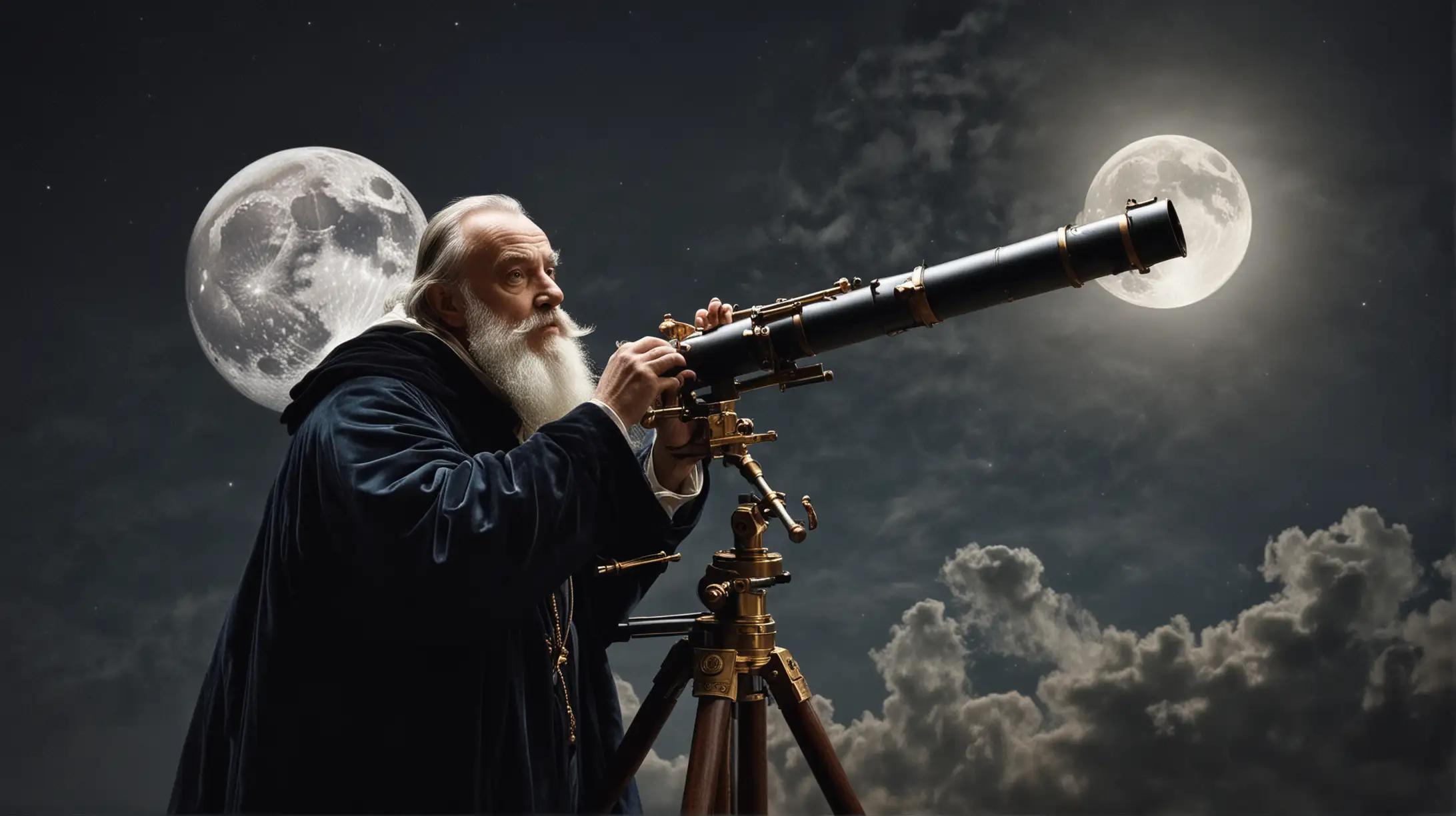 Galileo Galilei looking at the moon with his telescope