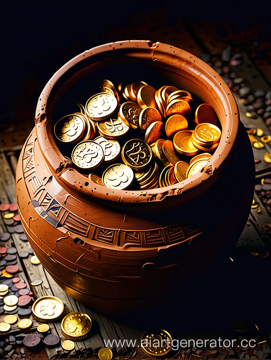 глиняный горшок полный забитый золотыми монетами