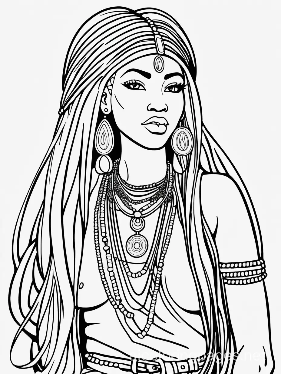 African-Goddess-with-Long-Flowing-Hair-and-Beaded-Adornments-Coloring-Page