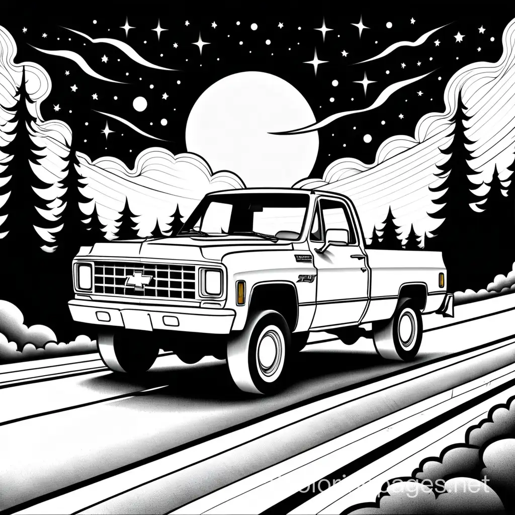 1972-Square-Body-Chevy-Truck-Driving-Down-Dark-Road-Coloring-Page