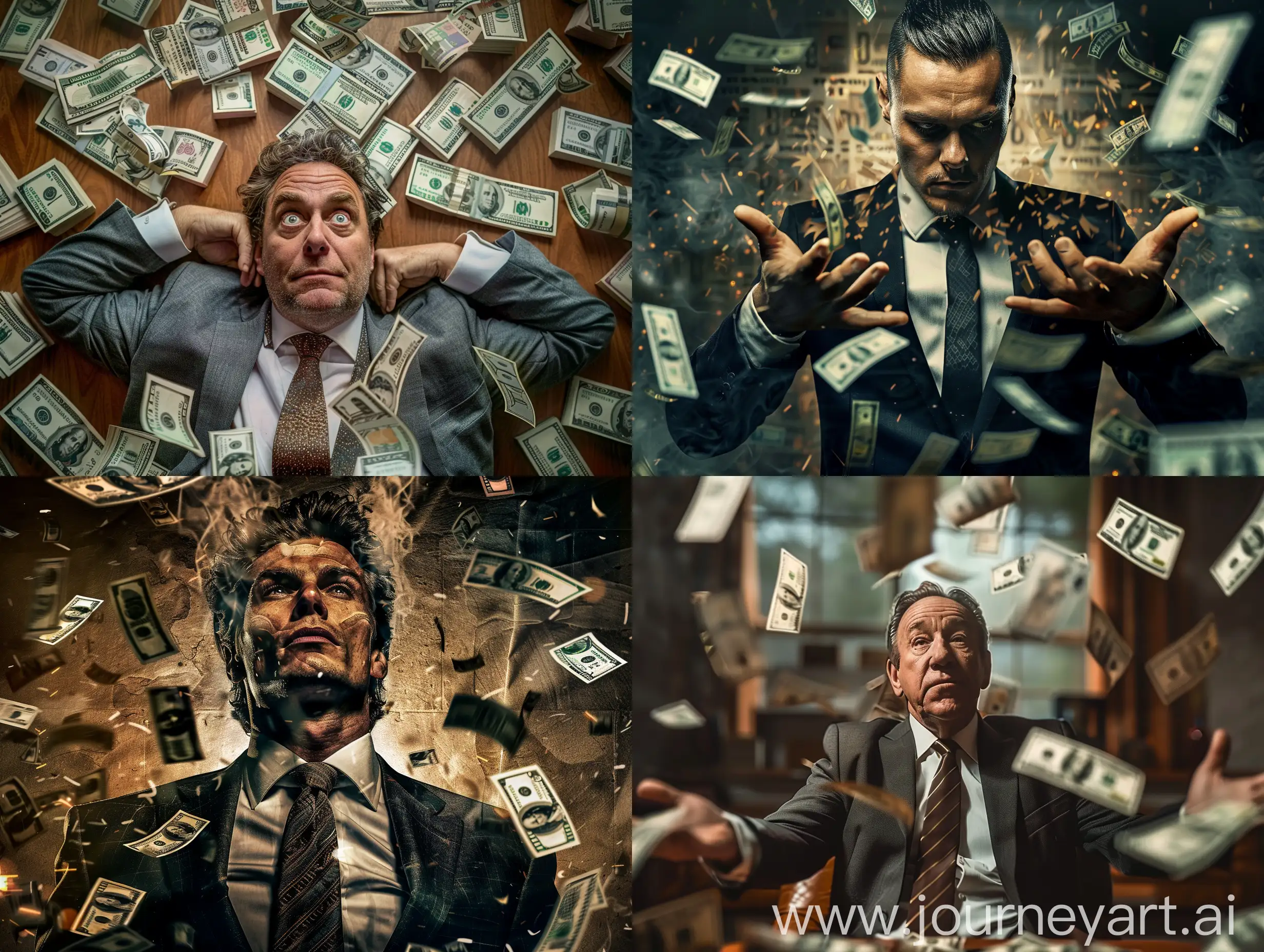 a rich man and surrounded with money around, 8k, hdr, photorea