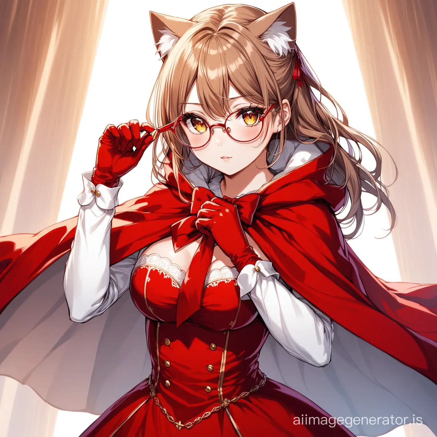 hot anime girl in a beautiful dress wearing a cape and a pair of red gloves and a pair of cat eye spectacles