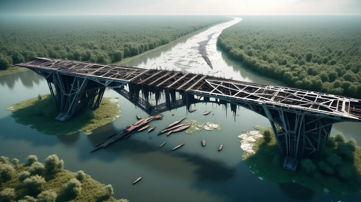 broken off pieces of big bridge over a very large country river, sci-fi