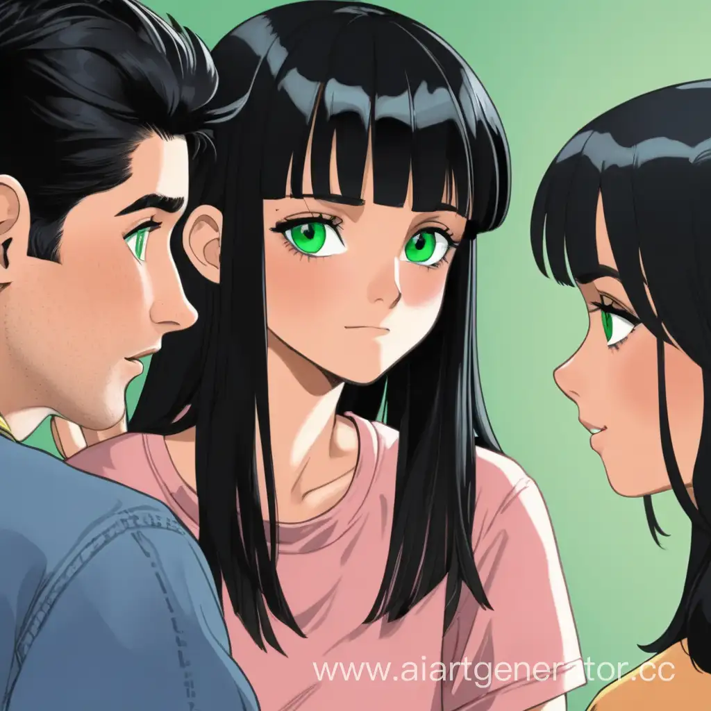 Подруги говорят с девушкой с чёрными волосами и зелеными глазами 
