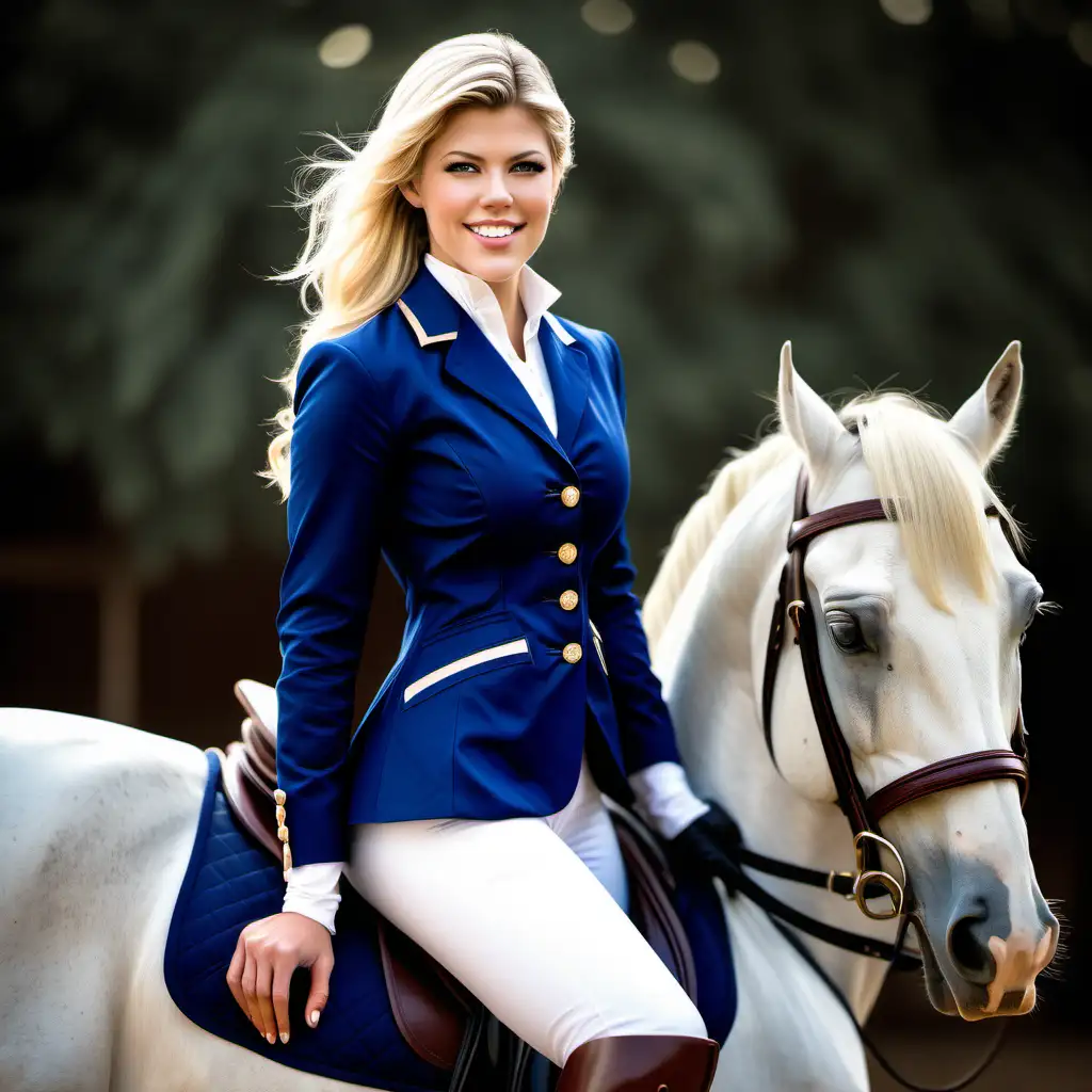 subject : Brooke Ence type face, elegant aristocratic woman, with soft features and a an horse rider body. costume : English style horse riding outfit with high waist white pants , blue jacket and boots . 
action : putting on her riding boots  looking happy. background : luxury horse riding stable 
  graphisme : photography type