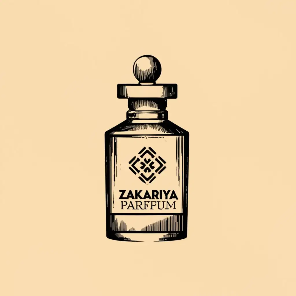 logo, vial, with the text "Zakariya Parfum", typography