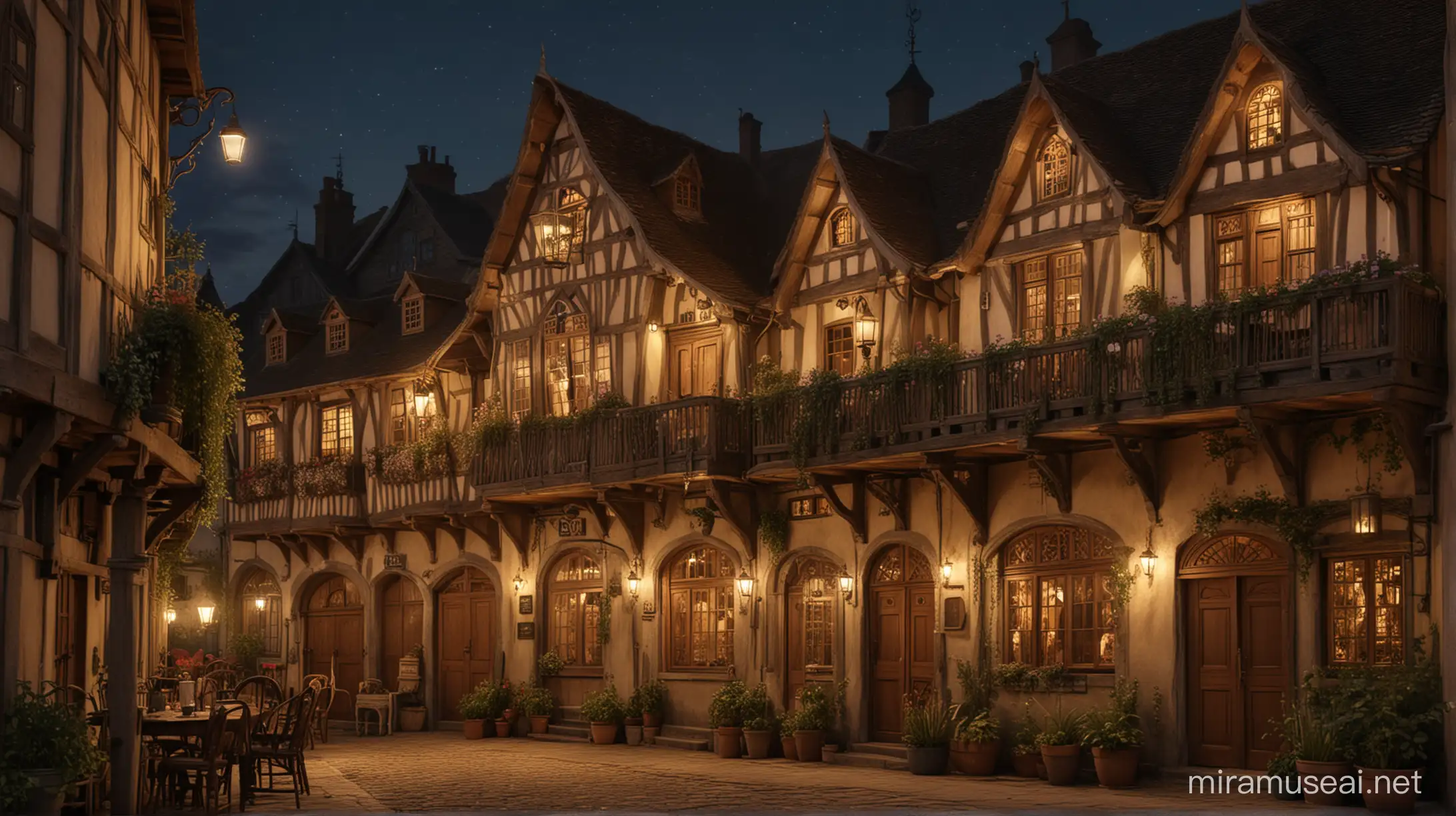 Large 17th century style fantasy brothel seen from the street. The building stands apart from other buildings by a small garden. 6 elven prostitutes are standing in a group on the street in front of the building and on the balcony. it is evening and the lights are on