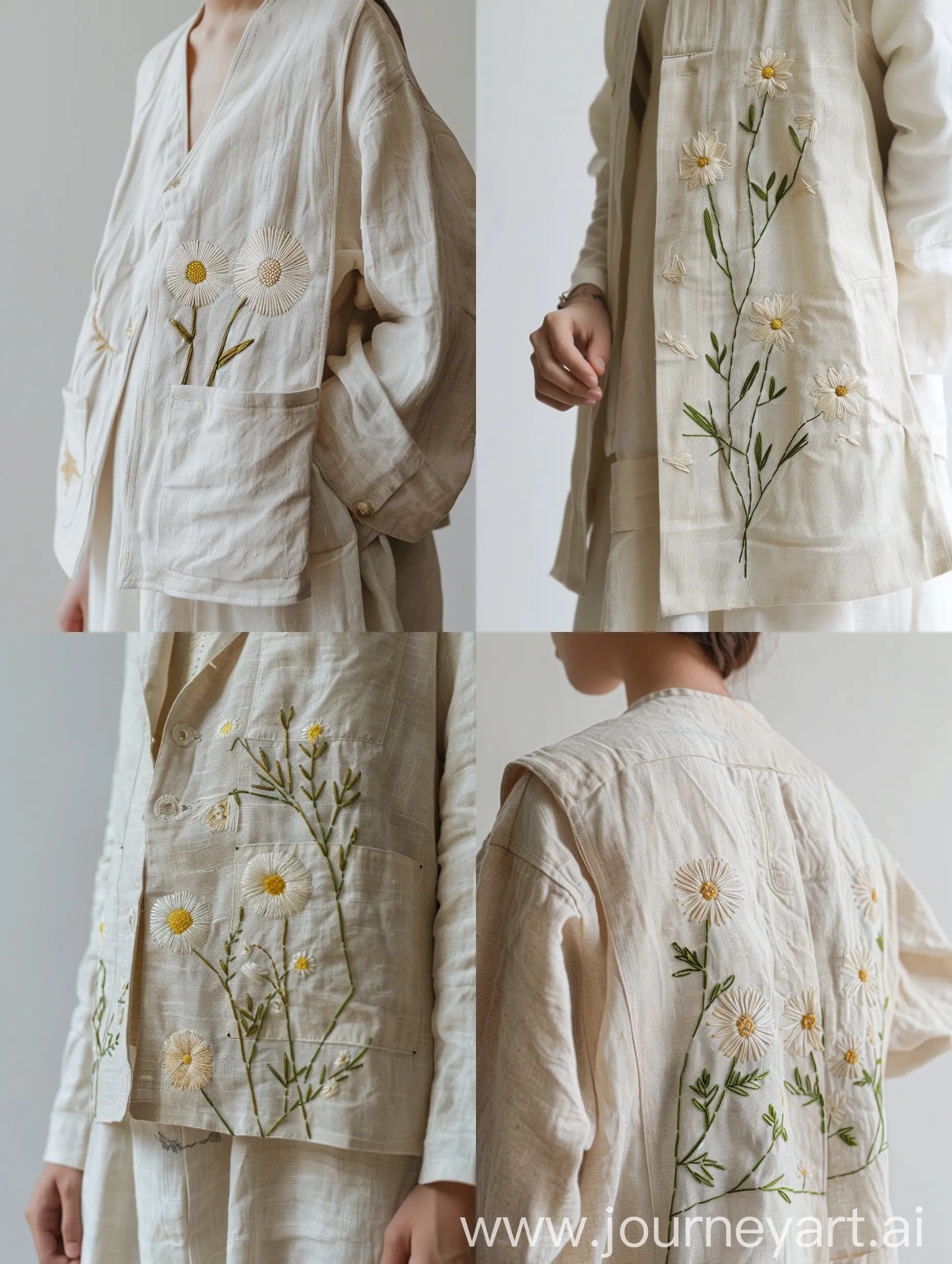 Jacket and vest, with embroidery, cream color, linen material, handmade embroidery design of chamomile flower, with small and low embroidery on one side.
