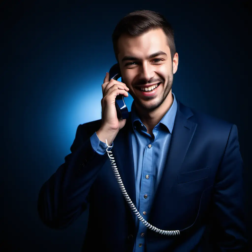 Happy Man Talking on Phone in Dark Blue Setting with Reflection
