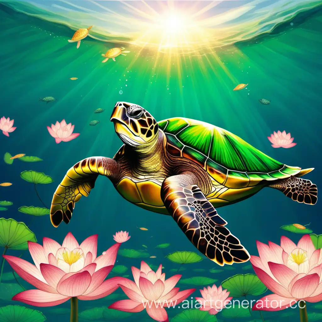 зеленая черепаха с разноцветным лотосом на панцире плывет в море