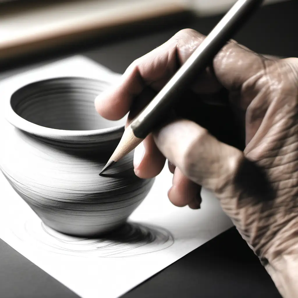 ARTIST DRAWING CLAY POT ON PAPER USING PENCIL 