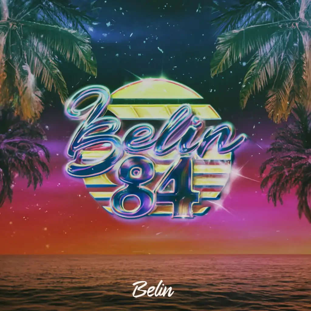 a logo design,with the text "BELIN 84", main symbol:a logo design, with the text BELIN 84, main symbol: handmade  metallized text belin, retrowave style, Moderate, vaporwave background with purple sun, sparks, lensflarer, vhs noise, shining, glitter,  
Secondary symbol: spray tag color red text 84
Background: a ibiza beach with margarita glasses and people dancing, many palms and sand,complex,clear background