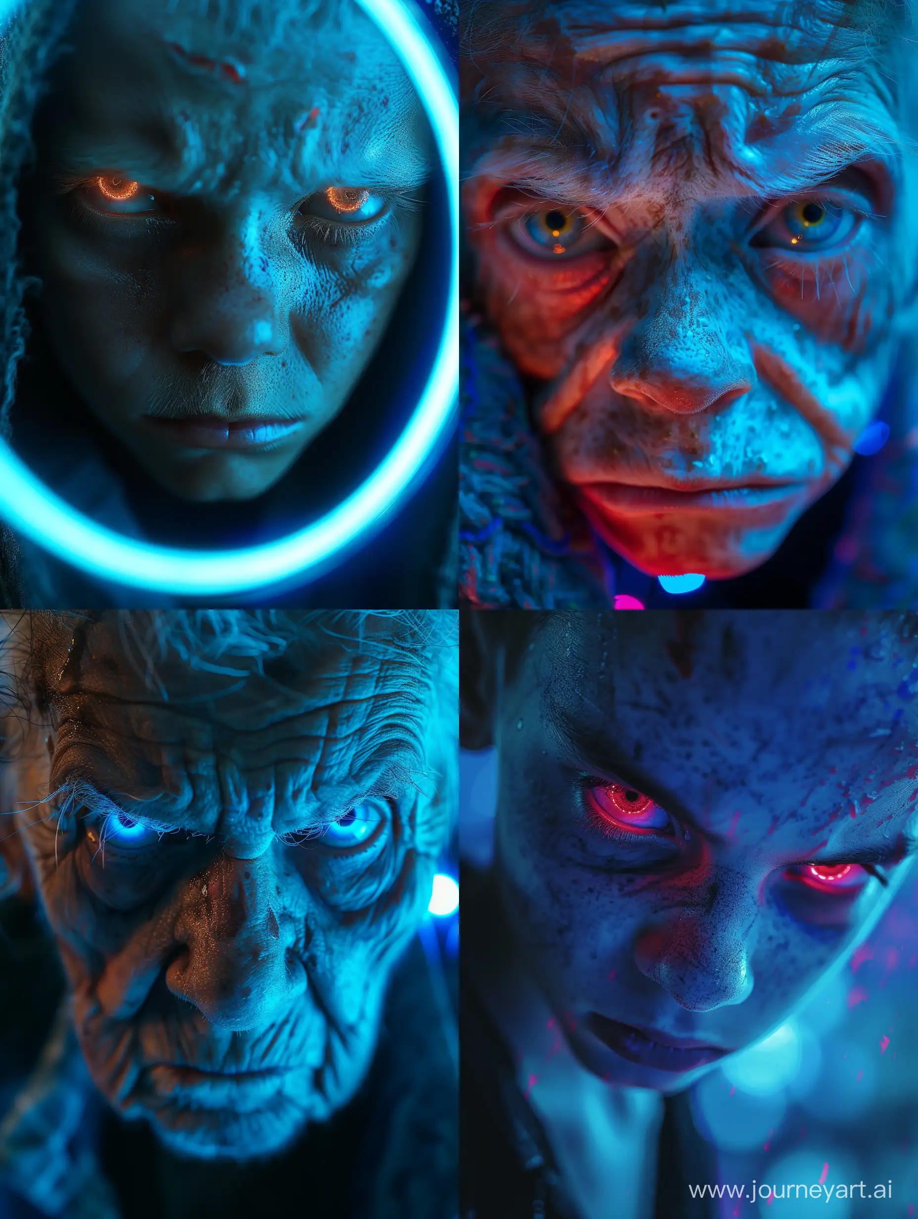 Dramatic-Fashion-Portrait-Intensely-Expressive-Old-Child-in-Neon-Blue-Light
