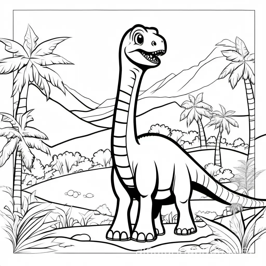 Diplodocus dinosaur, prehistoric background line drawn black and white, Coloring Page, black and white, line art, white background, Simplicity, Ample White Space. The background of the coloring page is plain white to make it easy for young children to color within the lines. The outlines of all the subjects are easy to distinguish, making it simple for kids to color without too much difficulty, Coloring Page, black and white, line art, white background, Simplicity, Ample White Space. The background of the coloring page is plain white to make it easy for young children to color within the lines. The outlines of all the subjects are easy to distinguish, making it simple for kids to color without too much difficulty