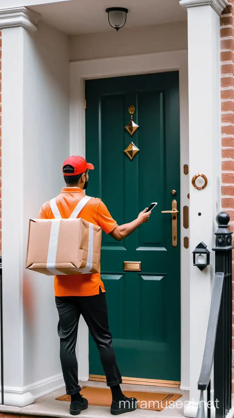 A food delivery person delivering food at doorstep.