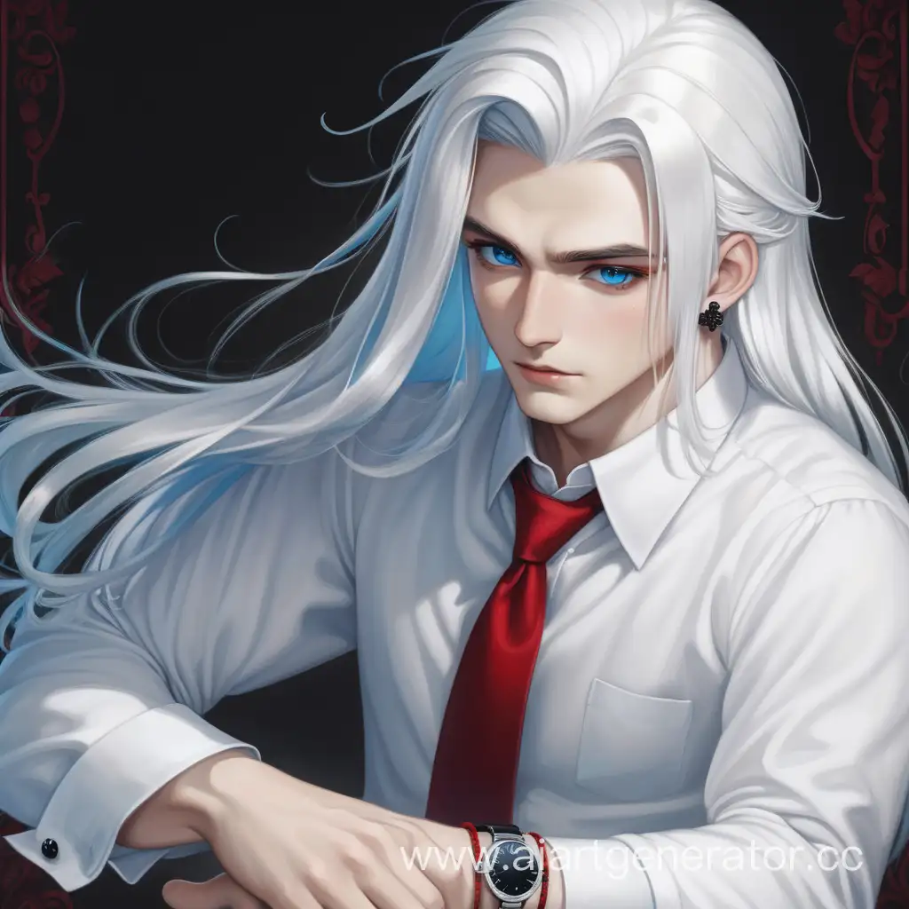  парень, с белоснежными волосами, передние пряди длинные волос, голубыми глазами, в белой рубашке, с закатанными рукавами, красным галстуком, с черной серьгой в ухе, красной фенечкой на запястье, феминной внешности 