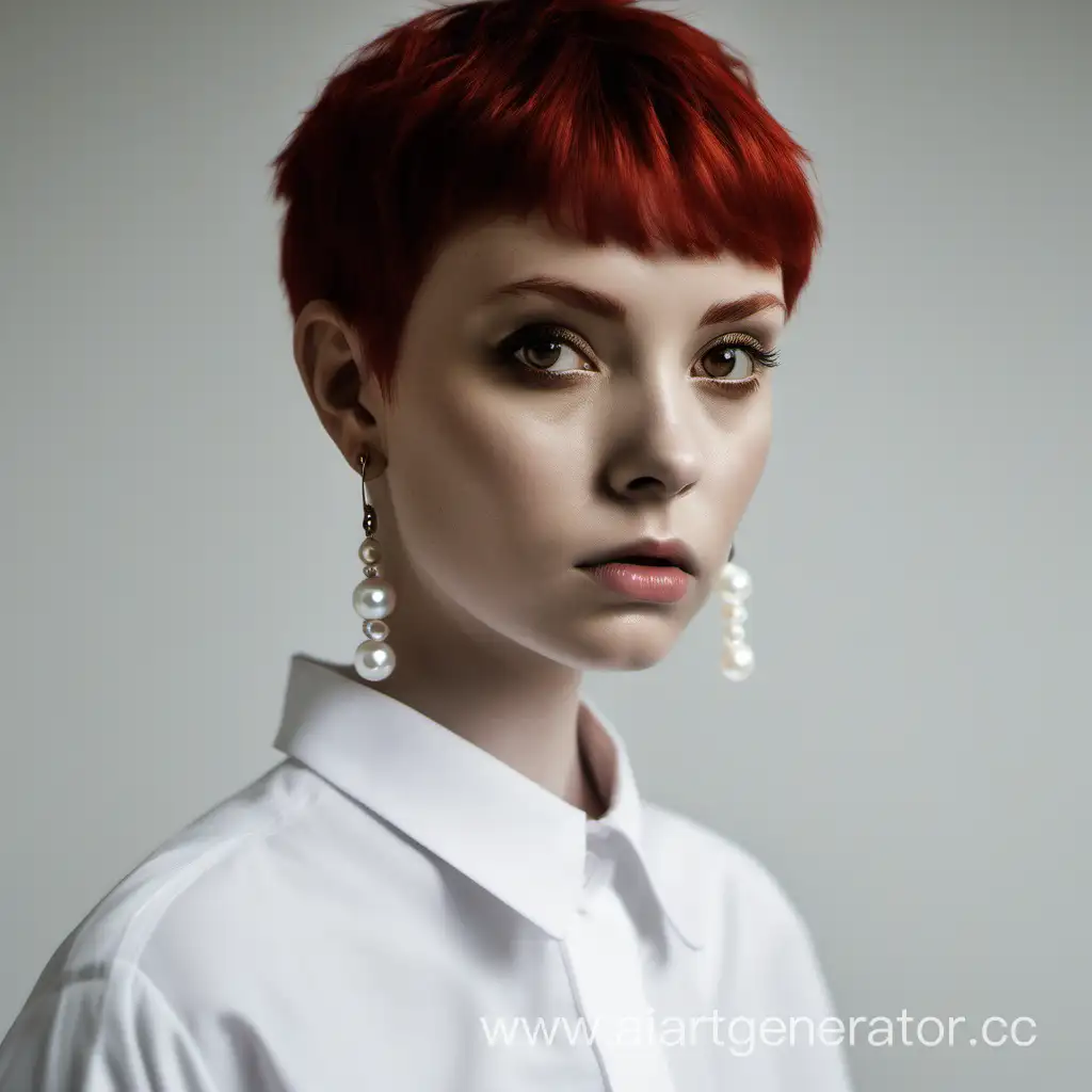 Girl with red short hair, black eyes, pearl earrings, white shirt, serious look 