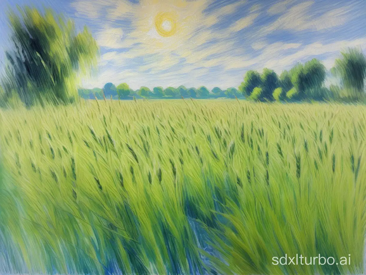 Impressionist painting of "Modeled after Monet's Wheat Field", light green and blue tones, a large wheat field with the river running through, and trees with sunshine,  set in a wheat field during daytime, Artwork, the art style to be inspired by Monet's Impressionism with soft color palette and loose brushwork.