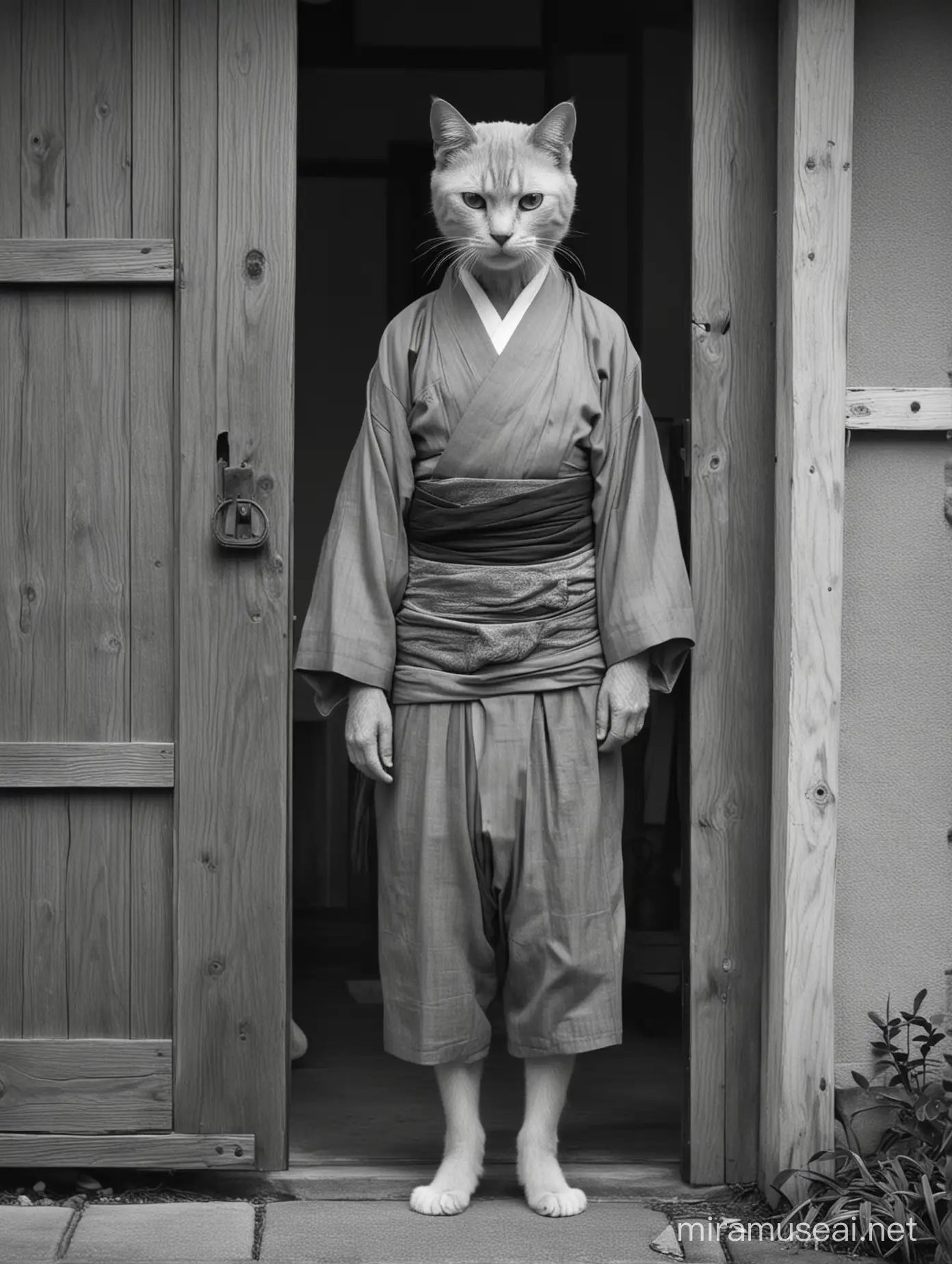 cat, greyscale, monochrome, old, fundoshi, 1boy, door, standing, japanese_clothes, solo, looking_at_viewer, horror_(theme), animal, old_woman, 1girl, loincloth