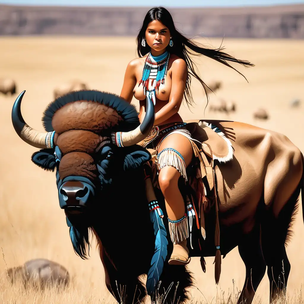 Beautiful American Indian Woman Riding a Bison in the Heat
