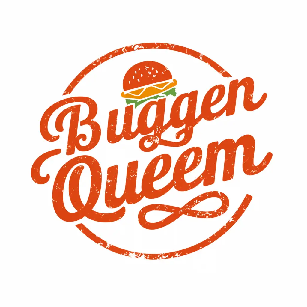 a logo design,with the text 'Burger Queen', main symbol:Same exact font as Burger King. Use a red text, orange hamburgar that is on top and below the text. Then use a blue circle around all this. With white background,complex,clear background