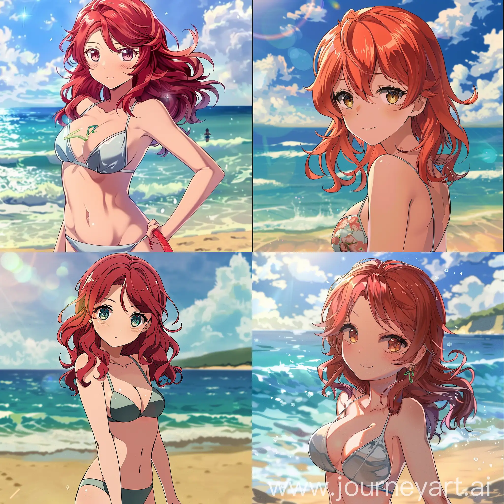 a anime girl, with red wavy medium hair, wearing a swimsuit on a beach