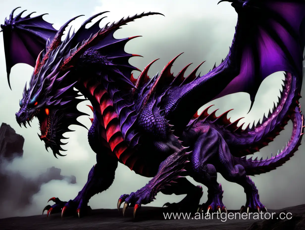 A demonic huge dragon with an overflow of purple black and red