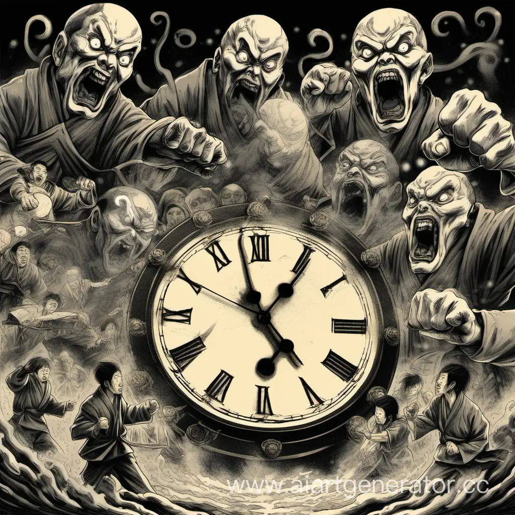 Evil spirits try to approach the man on the left, but he is protected by Japanese clocks, striking the spirits with a fist.