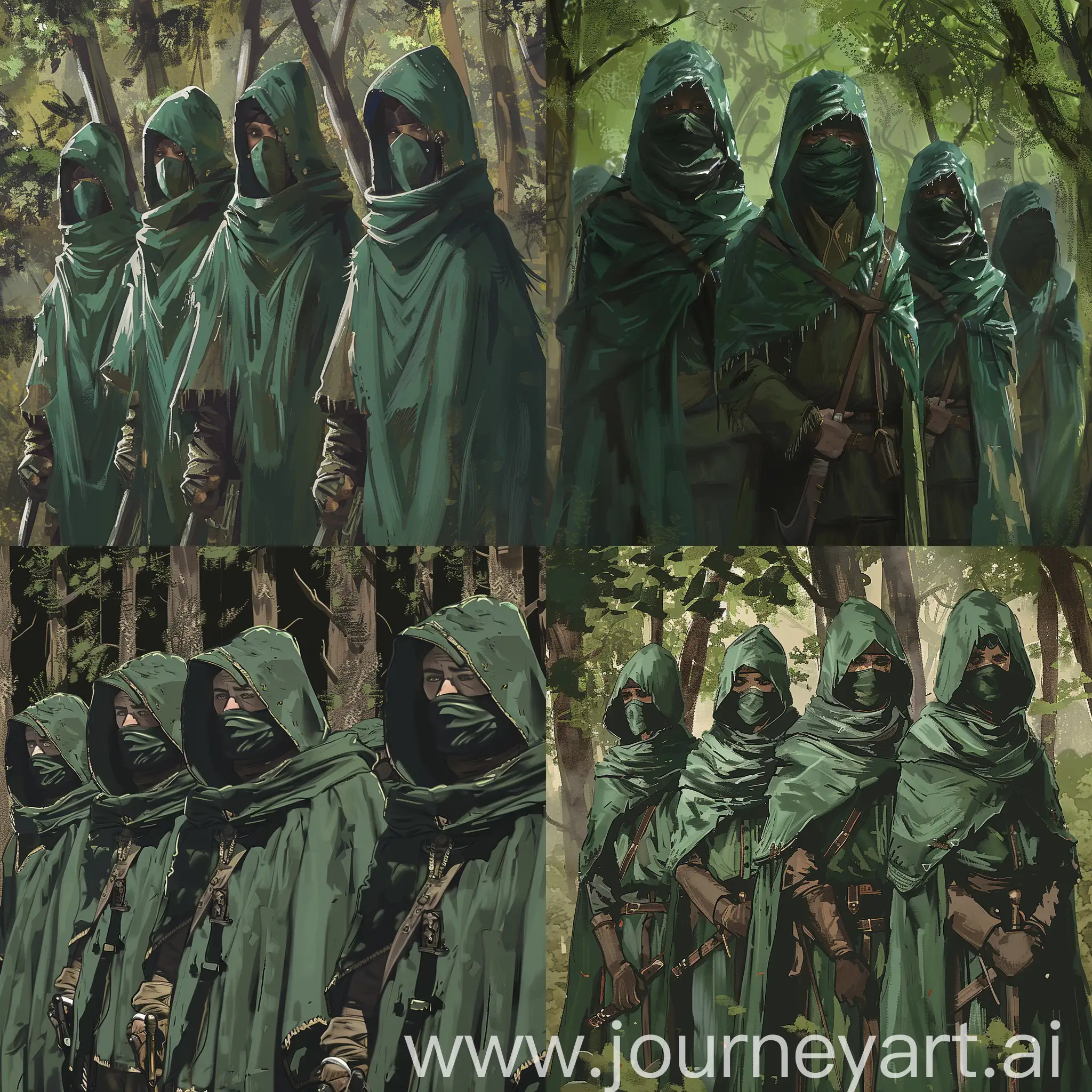 Draw art: The Dunedin trackers are standing in a detachment in the forest. They are wearing green hooded cloaks, as well as a mask covering their mouths. All this is in the style of Crusader kings 3.
