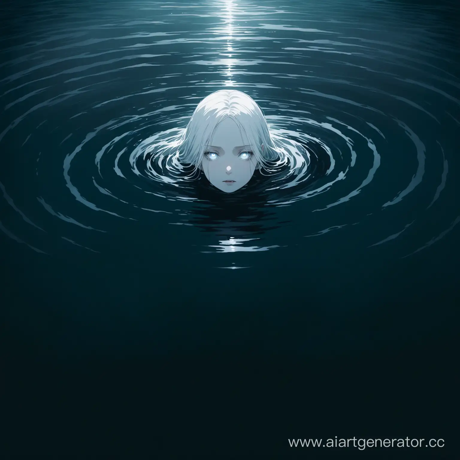 The image shows a dark body of water at night. In the center of the frame, a figure resembling a woman with long white hair and pale skin emerges from the water. Her expression is serious and her eyes are looking directly at the viewer. The water around her is still and reflects her image. The overall atmosphere of the image is eerie and mysterious