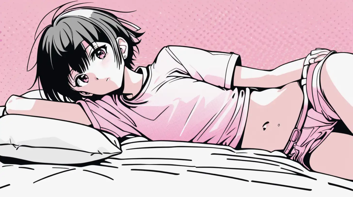 anime girl posterize halftone pink black white 3 color minimal design short shirt midriff laying on bed short hair