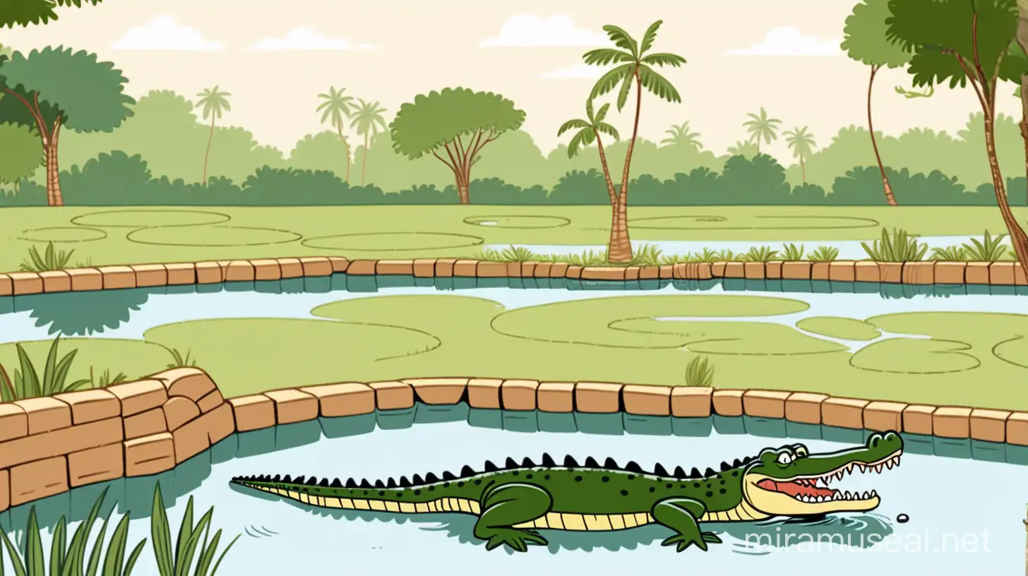A crocodile in a pond in an Indian village. Please make the image cartoon type.