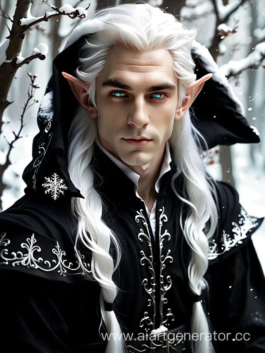 Красивый парень-эльф с длинными снежно-белыми волосами  в черной одежде