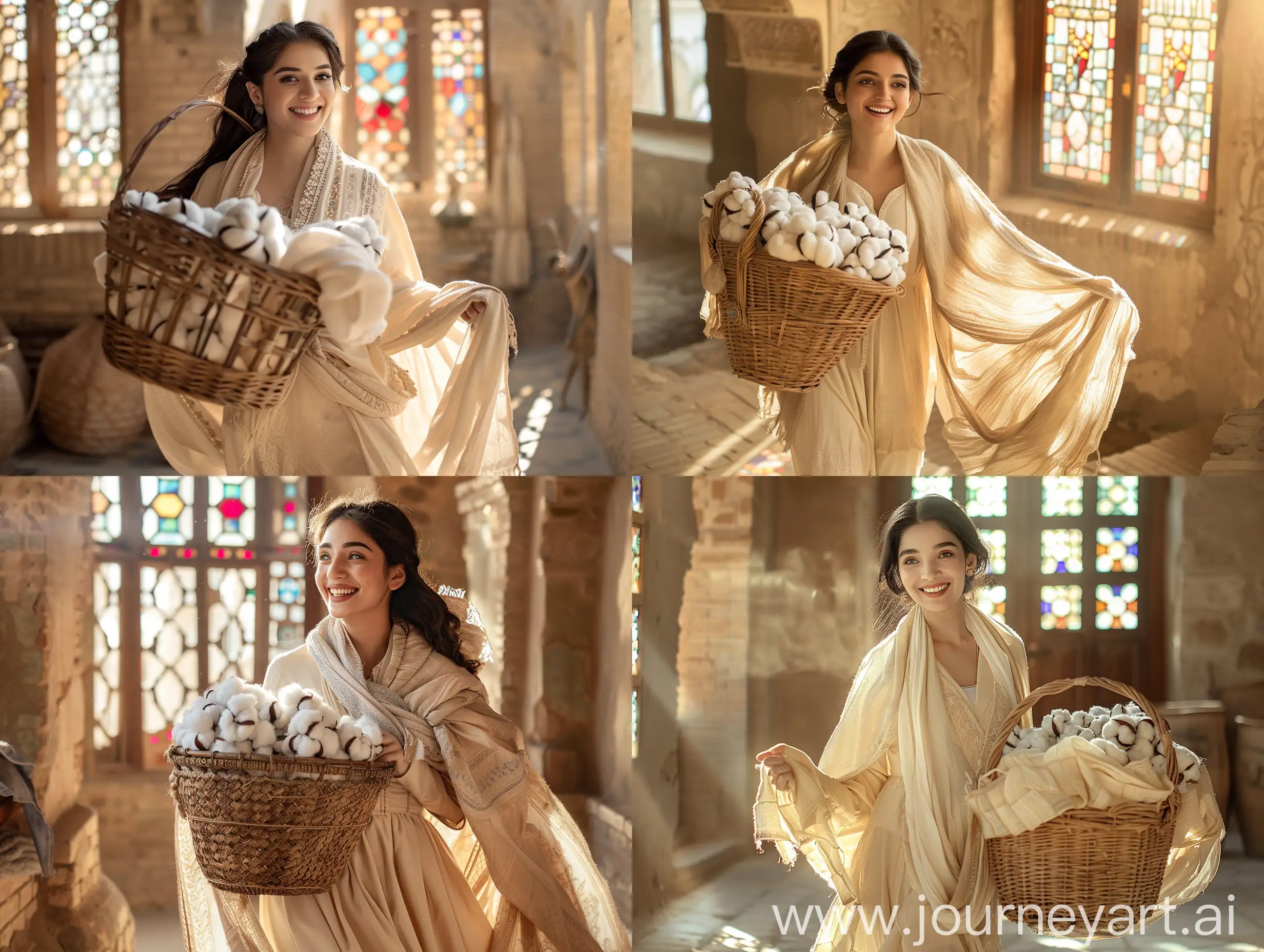 A beautiful young Persian woman in a cream-colored dress and shawl is smiling, holding a wicker basket full of cotton and shawls, exiting a room with traditional stained glass windows in the Bam Citadel in the Persian Empire and it is morning with a beautiful sun.  and goes out. Make a realistic hd photo.