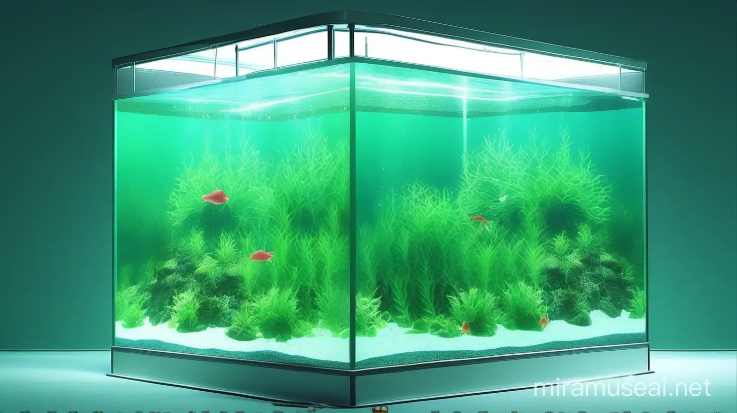 A big square fish tank which water is green and some small wave 