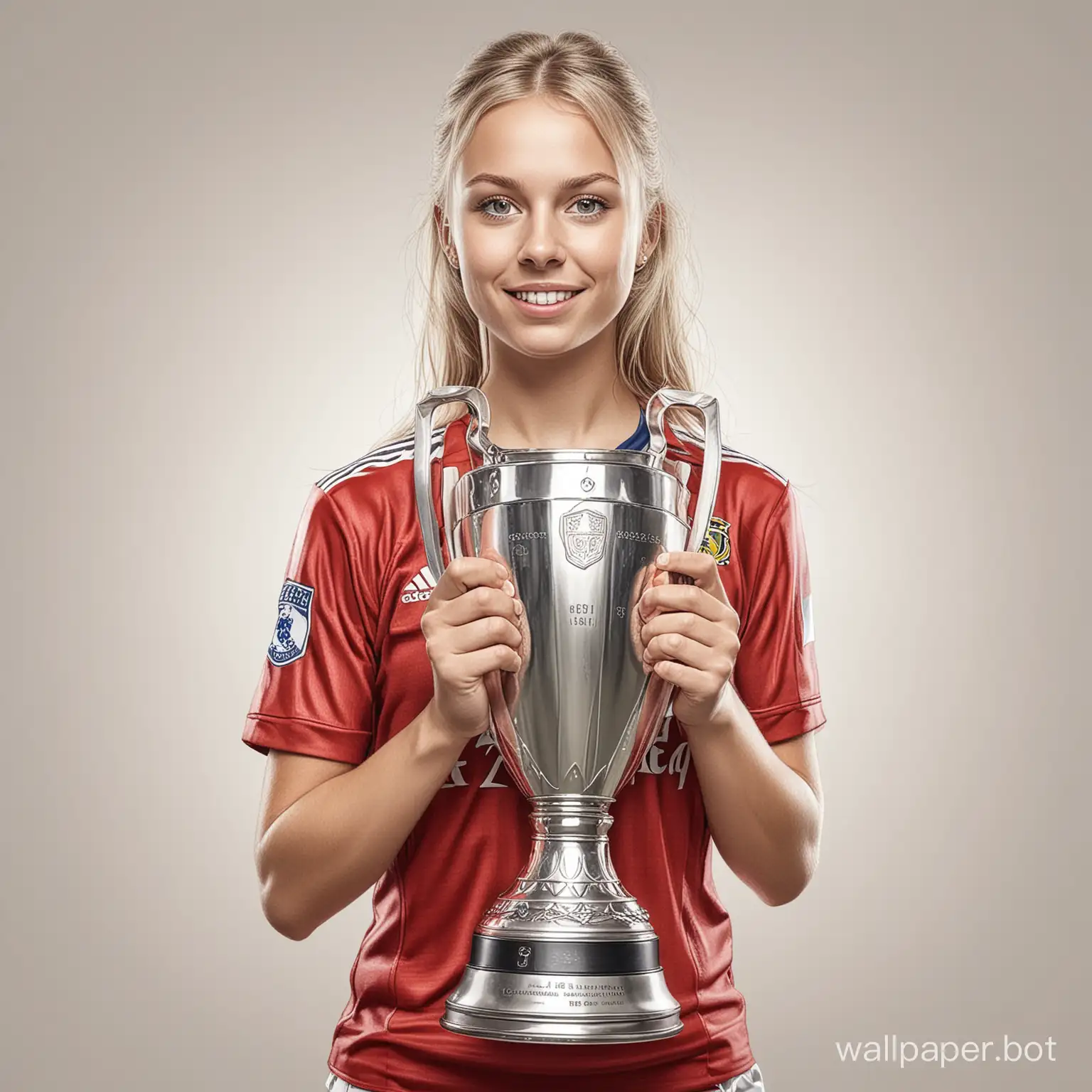 sketch young Swede 6th breast size narrow waist in red and white soccer uniform holding a big Champions League cup on a white background highly realistic drawing with colored liner