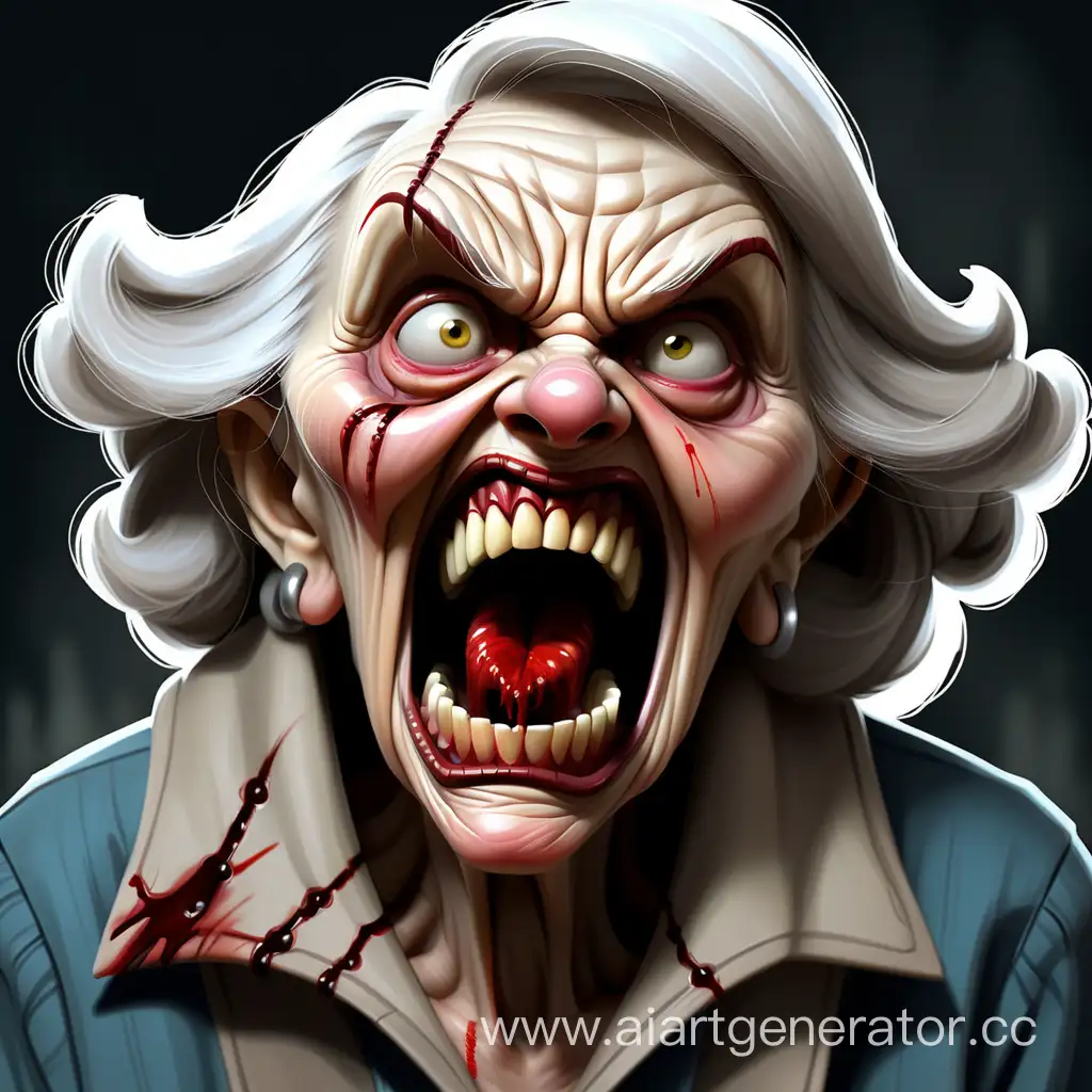 нарисуй злую старую бабушку с огромными клыками с кровавыми трещинами рот шире