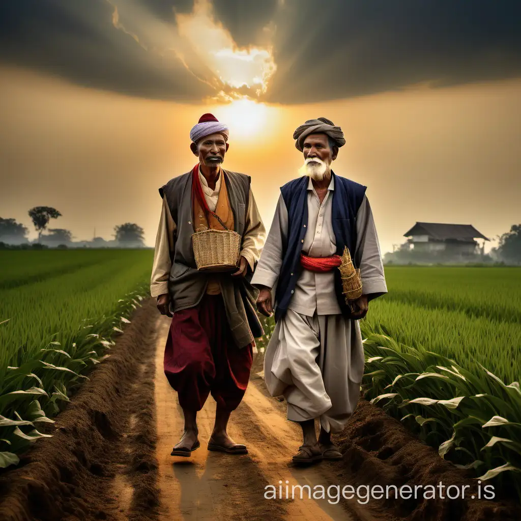 In the tranquil morning light, a regal nobleman, adorned in majestic attire, halts his journey to converse with a humble farmer in the field. His demeanor exudes elegance and wisdom as they discuss the farmer's aspirations. The rising sun casts a golden glow, illuminating the scene with a serene radiance amidst the quiet, cloudy sky. Standing along the path that cuts through the farmer's land, they share a moment of connection bridging their worlds. their face are towards the  path realstc photo 16k resolution